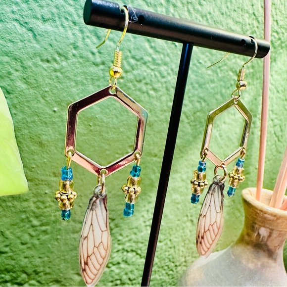 Jewelry - Gold and Blue Hexagon Earrings
